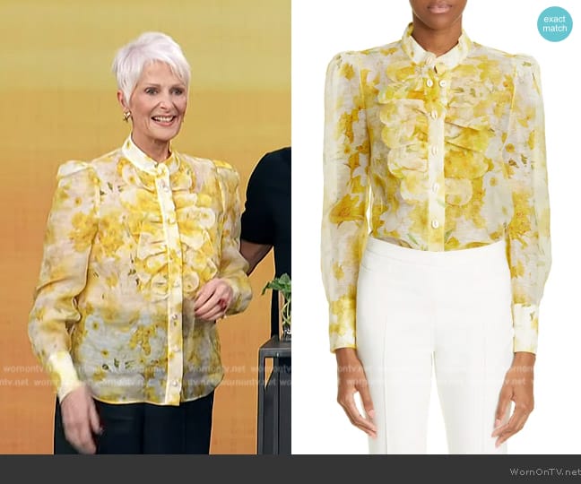 Zimmermann Wonderland Scallop Trim Linen & Silk Blouse worn by Christina Ferrare on Access Hollywood