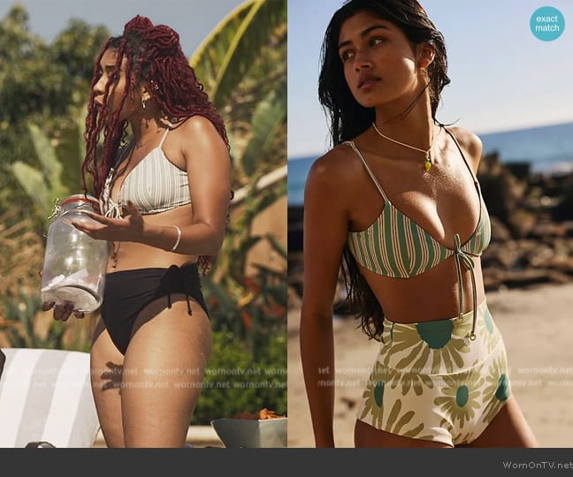 Zulu & Zephyr at Free People Myrtle Pinstripe Tie Bikini Top worn by Amiri (Pascual-Peña) on Bel-Air