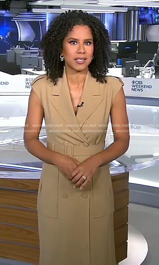 Adriana Diaz’s beige sleeveless trench dress on CBS Evening News