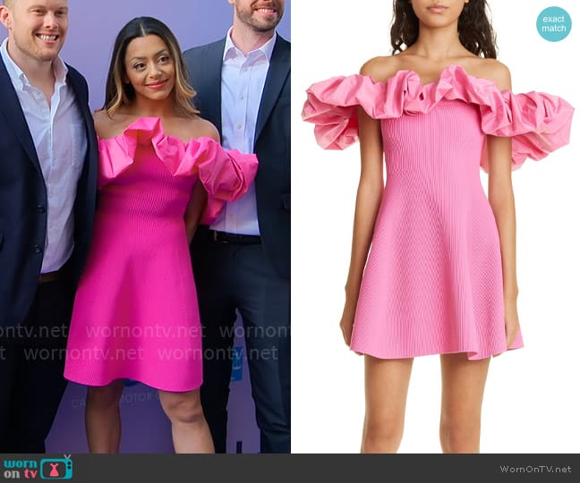 WornOnTV Jade s pink ruffled off shoulder dress on Owning Manhattan Jade Shenker Clothes and Wardrobe from TV