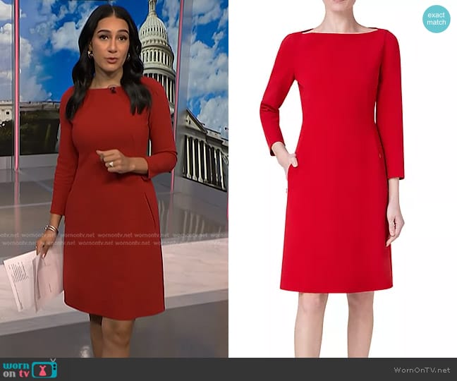 Akris Stretch Wool Boatneck A-Line Dress in Ruby Red worn by Morgan Radford on NBC News Daily