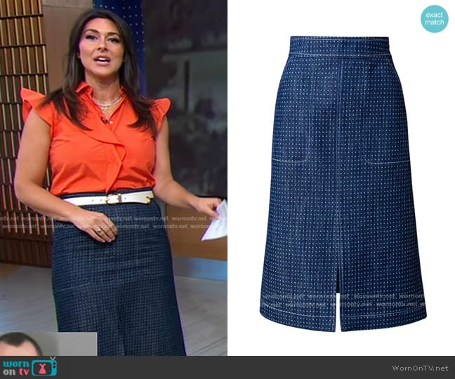 Akris Punto Dotted Denim Midi-skirt in Blue Denim worn by Erielle Reshef on Good Morning America