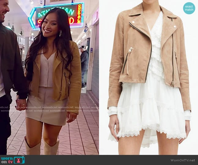 All Saints Dalby Cropped Leather Biker Jacket in Pale Tan Brown worn by Jenn Tran on The Bachelorette