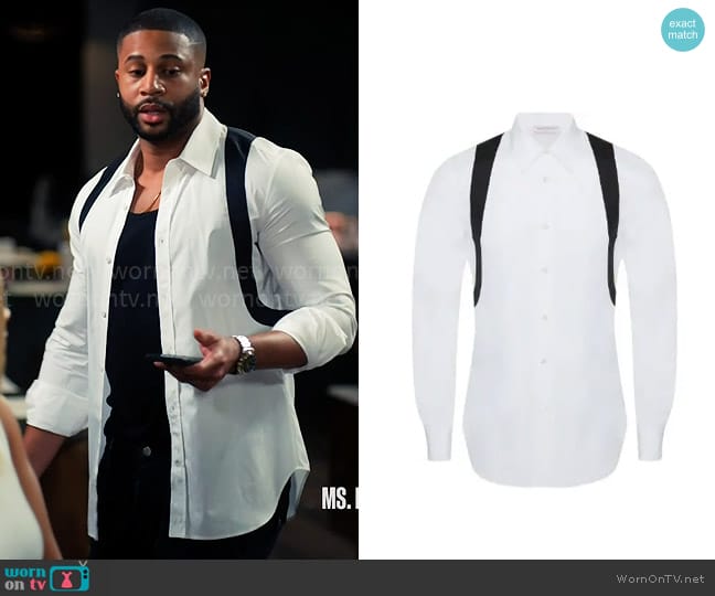 Alexander McQueen Harness button-up shirt worn by Zac Taylor (Devale Ellis) on Tyler Perrys Sistas