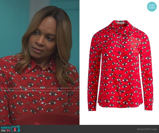 Alice + Olivia Willa Eye Print Silk Blouse worn by Sally Braswell (Nefetari Spencer) on Reasonable Doubt