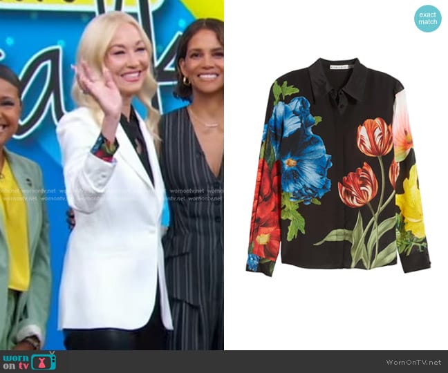 Alice + Olivia Willa Floral Silk Button-Up Shirt in Le Parisien Black worn by Dr. Pauline Maki on Good Morning America