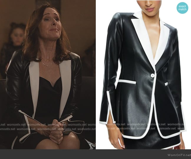 Alice + Olivia Breann faux-leather blazer worn by Bev Melon (Molly Shannon) on Only Murders in the Building