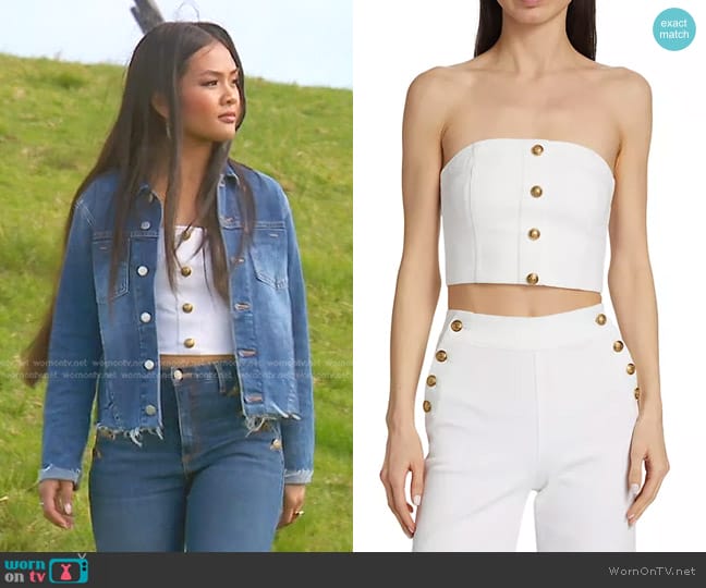 Alice + Olivia Mel Stretch Denim Crop Bustier in Off White worn by Jenn Tran on The Bachelorette