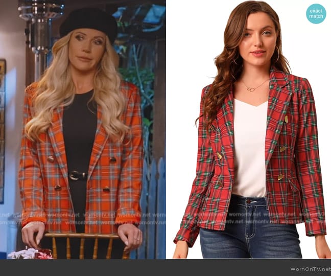 Allegra K Notched Lapel Double Breasted Plaid Formal Blazer worn by Jennifer Pedranti on The Real Housewives of Orange County