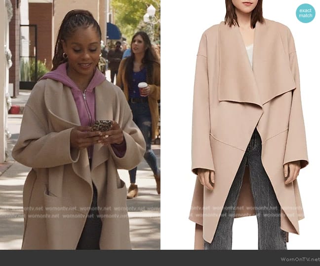 All Saints Adalee Wrap Coat worn by Simone (Geffri Hightower) on All American Homecoming