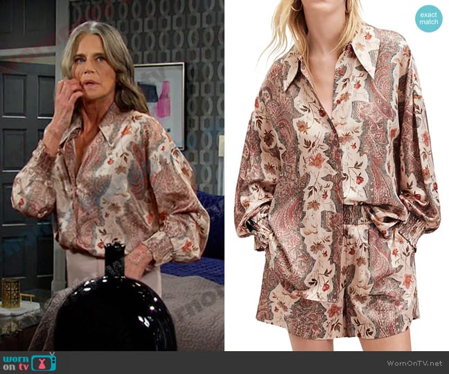 All Saints Charli Cascade Smocked Cuff Shirt worn by Fiona Cook (Serena Scott Thomas) on Days of our Lives