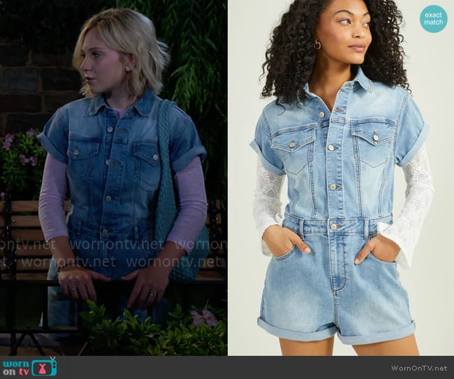 Altar'd State Skylar Denim Romper worn by Lucy Romalotti (Lily Brooks O’ Briant) on The Young and the Restless