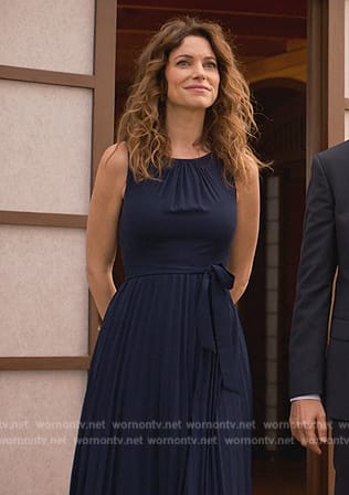 Amanda's navy tie waist dress on Cobra Kai