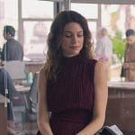 Amanda’s burgundy pleated dress on Cobra Kai