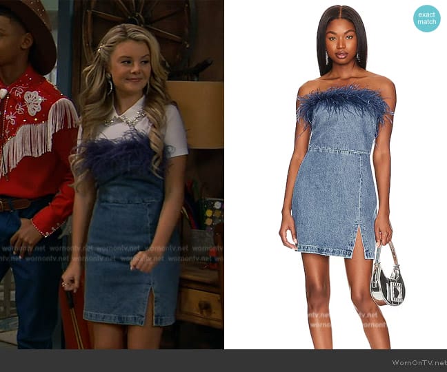 Destiny’s denim feather trim strapless dress on Bunkd