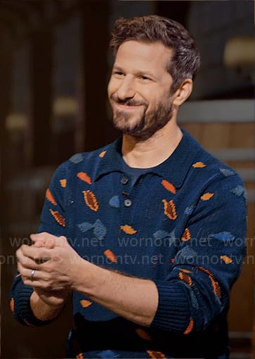 Andy Samberg's blue leaf print polo sweater on Hart to Heart