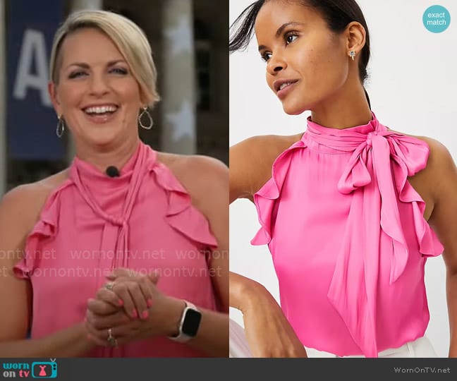 Ann Taylor Ruffle Halter Top in Valentine Pink worn by Jamie Yuccas on CBS Mornings