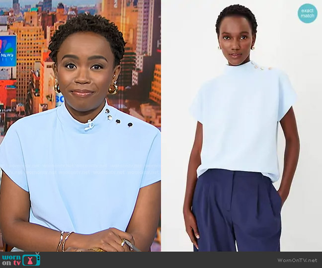 Ann Taylor Shoulder Button Mock Neck Top worn by Zinhle Essamuah on NBC News Daily