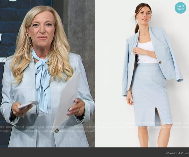 Ann Taylor The Petite Cutaway Blazer in Windowpane worn by Alison Triessl on Access Hollywood