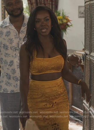 Annie's yellow floral embroidered top and skirt on Bel-Air