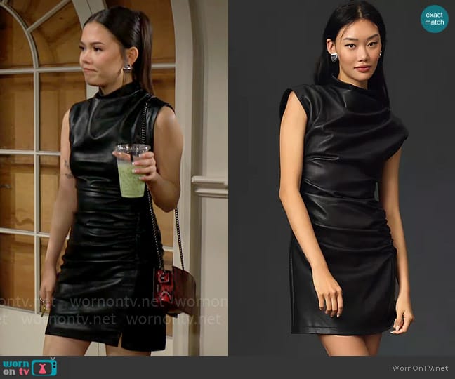 Anthropologie The Maya Ruched Cowl-Neck Dress: Faux Leather Mini Edition worn by Luna (Lisa Yamada) on The Bold and the Beautiful