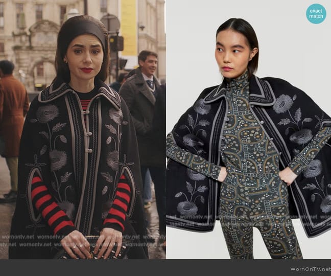 Antik Batik 2022 Fall Embroidered Cape Coat worn by Emily Cooper (Lily Collins) on Emily in Paris