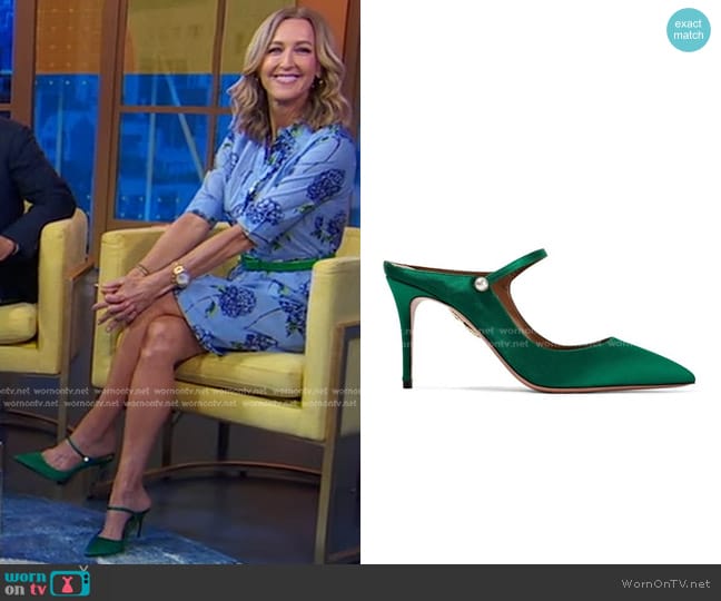 Aquazzura Nolita Satin Mules in Emerald worn by Lara Spencer on Good Morning America