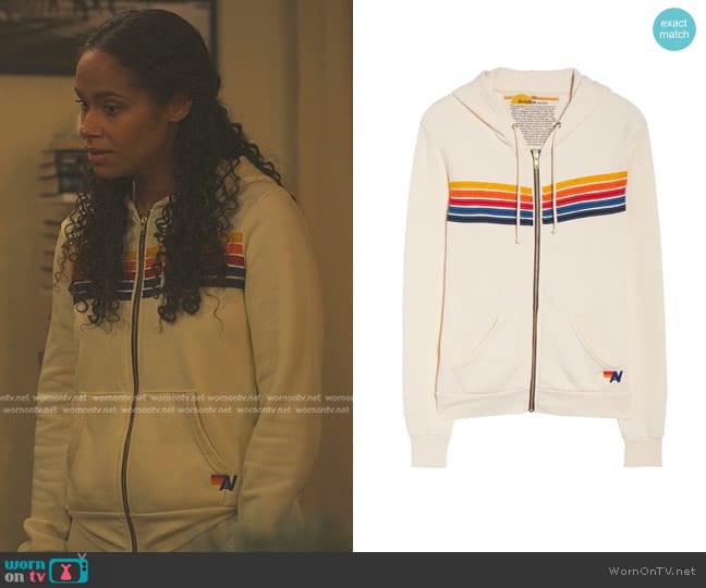 Aviator Nation 5-Stripe Zip Hoodie in Vintage White/ Rainbow worn by Shanelle Tucker (Shannon Kane) on Reasonable Doubt