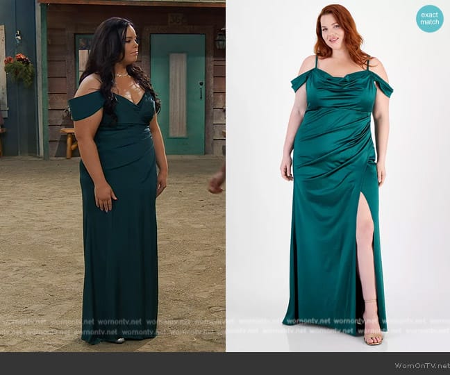 Lou’s teal satin maxi dress on Bunkd