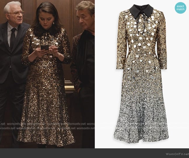 BAdgley Mischka Satin-trimmed sequined tulle midi dress worn by Mabel Mora (Selena Gomez) on Only Murders in the Building