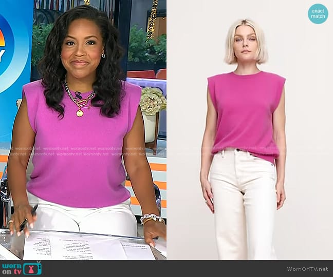 Banana Republic Franci Cashmere Padded-Shoulder Top in magenta orchid worn by Sheinelle Jones on Today