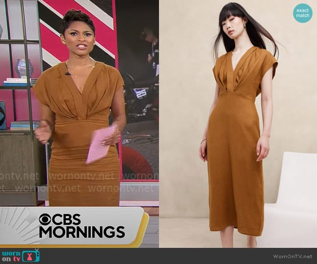 Banana Republic Mari Draped Midi Dress in Warm Clay Brown worn by Jericka Duncan on CBS Mornings