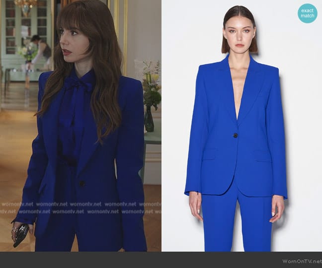 Barbara Bui Blue Crepe Suit Jacket with Zip Sleeves worn by Emily Cooper (Lily Collins) on Emily in Paris