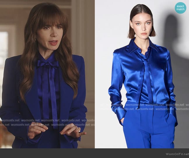 Barbara Bui Satin Pussy Bow Blouse worn by Emily Cooper (Lily Collins) on Emily in Paris