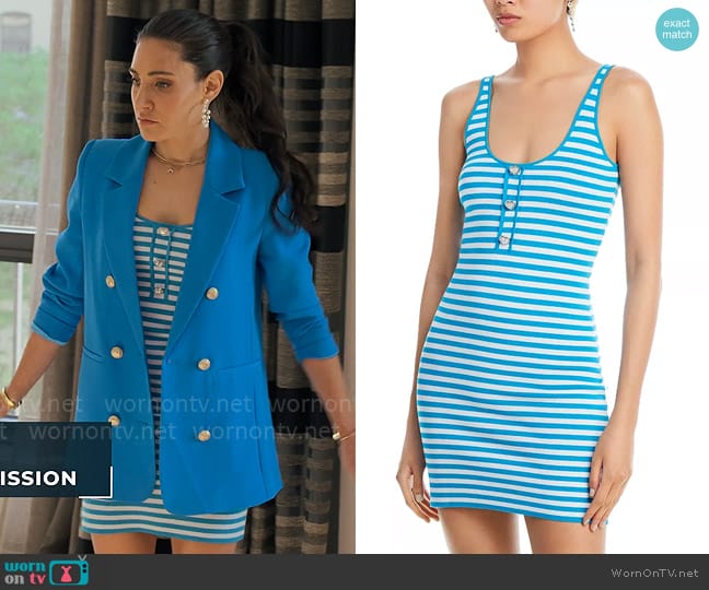 Aqua x Barbie the Movie Striped Heart Button Mini Dress worn by Chloe Tucker Caine on Owning Manhattan