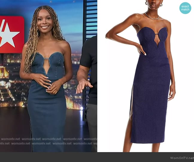 Bardot Eleni Denim Midi Dress worn by Zuri Hall on Access Hollywood