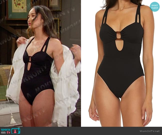 Becca Fine Line One-Piece Swimsuit in Black worn by  Sophia (Madelyn Kientz) on Days of our Lives