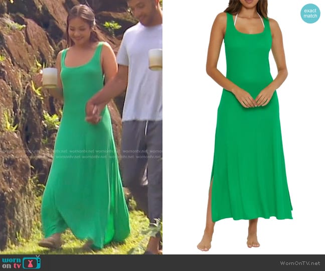 Becca Mykonos Semisheer Ribbed Cover-Up Maxi Dress in verde worn by Jenn Tran on The Bachelorette