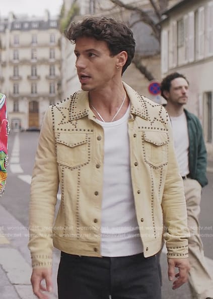 Benoit's beige studded jacket on Emily in Paris