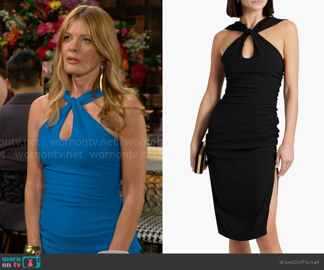 Black Halo Landry twist-front ruched crepe dress worn by Phyllis Summers (Michelle Stafford) on The Young and the Restless