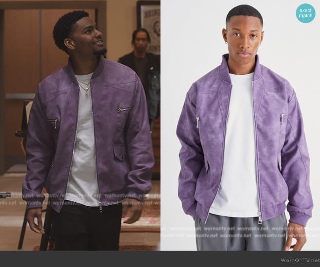 BoohooMan Washed Pu Panel Detail Bomber Jacket worn by JR (Sylvester Powell) on All American Homecoming