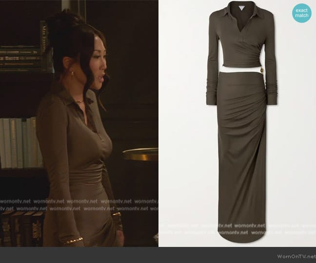 Bottega Veneta Embellished cutout ruched stretch-jersey maxi dress worn by Katie Ginella on The Real Housewives of Orange County