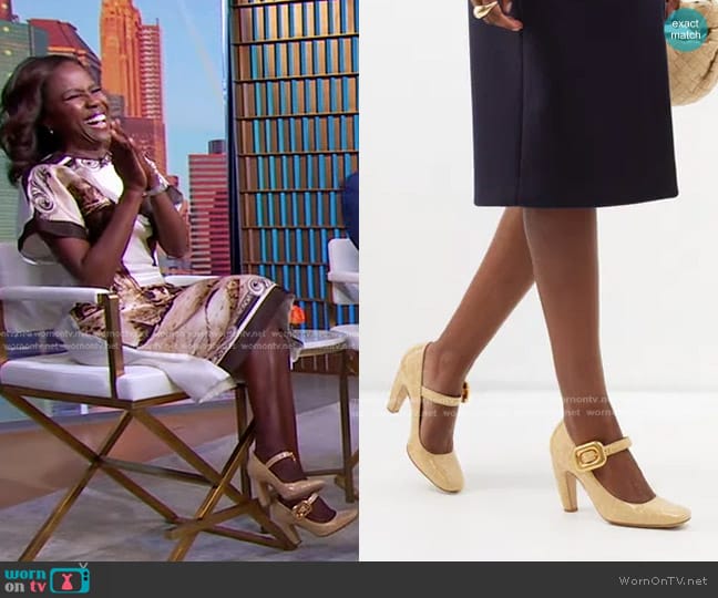 Bottega Veneta Madame Crocodile-Effect Pumps worn by Deborah Roberts on Good Morning America