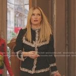 Camille’s black ruffle lace trim jacket and skirt on Emily in Paris