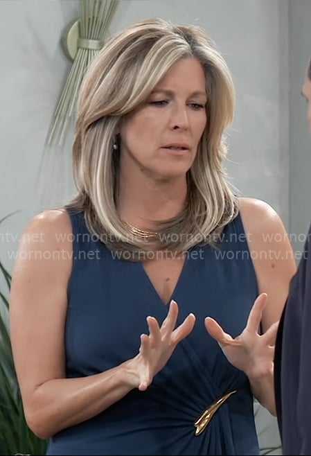 Carly's teal sleeveless faux wrap dress on General Hospital