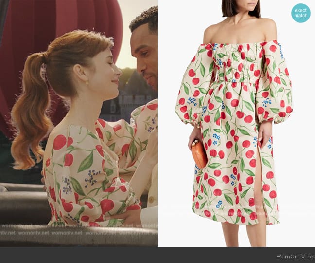 Carolina Herrera Off-the-shoulder printed faille midi dress worn by Emily Cooper (Lily Collins) on Emily in Paris