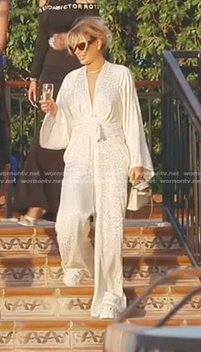 Caroline's white leopard jumpsuit on The Real Housewives of Dubai