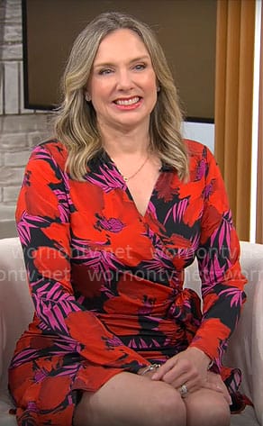 Catherine Fisher’s red floral wrap dress on CBS Mornings