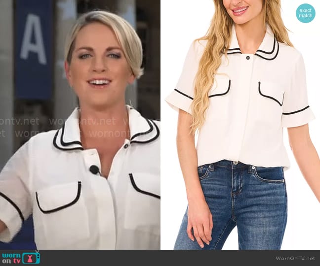 CeCe Double Collar Tipped Short Sleeve Blouse worn by Jamie Yuccas on CBS Mornings