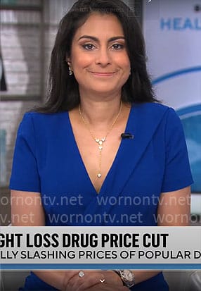 Celine Gounder’s blue short sleeve dress on CBS Mornings